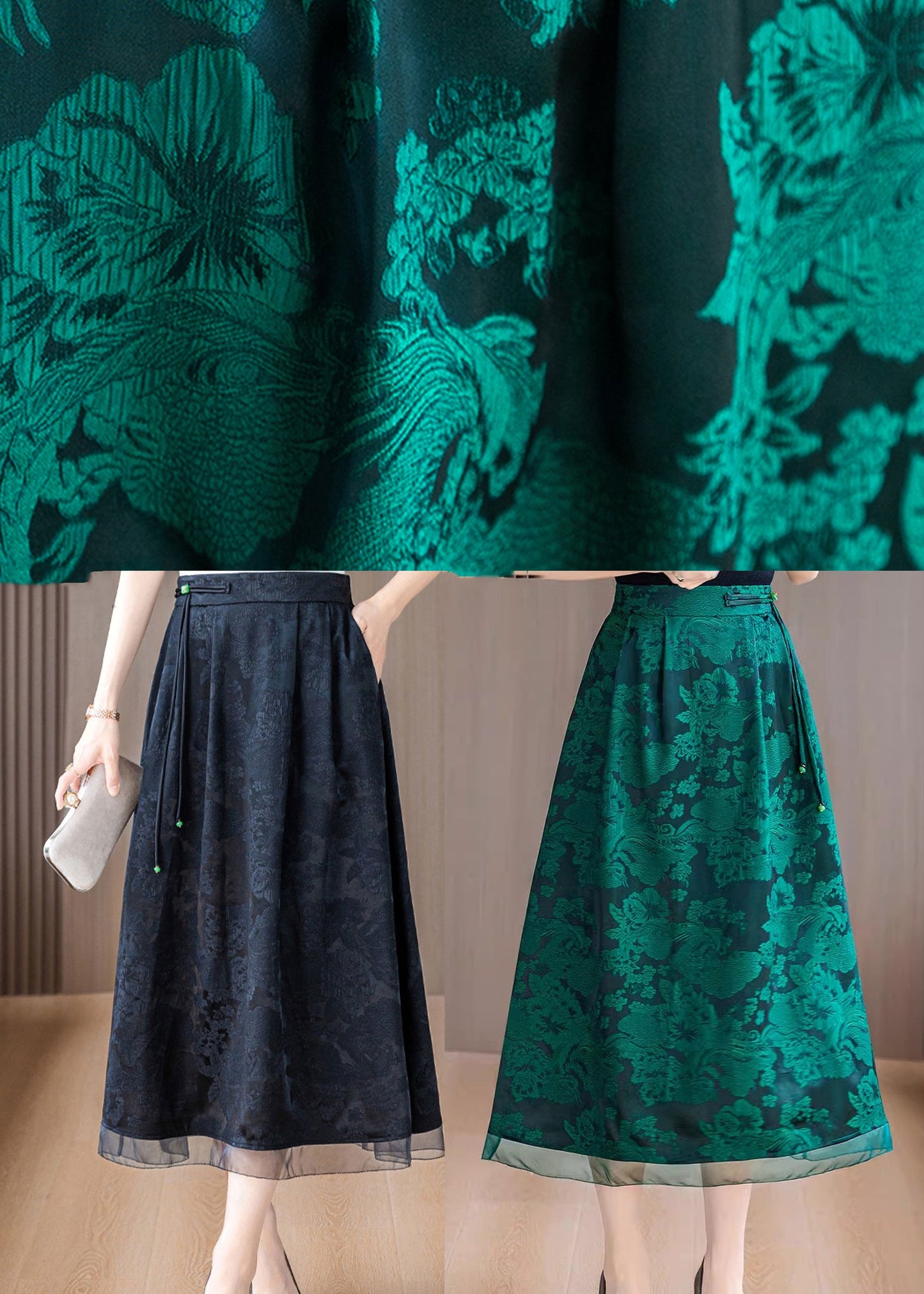 Green Print Silk a Line Skirts Tasseled Summer
