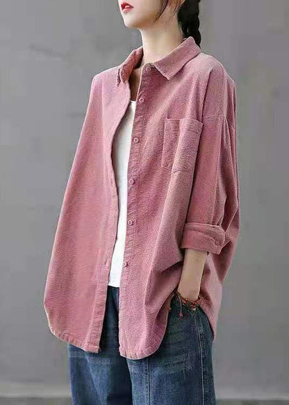 Tibetan Blue Pocket Button Peter Pan Collar Corduroy Blouse Tops Long Sleeve