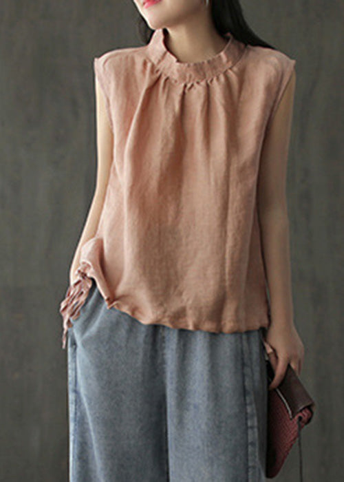 Brief White Stand Collar Linen Top Sleeveless