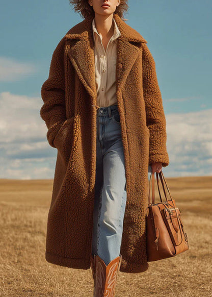French Brown Peter Pan Collar Pockets Faux Fur Long Coats Winter