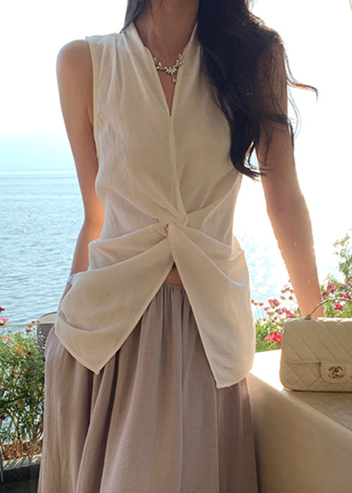 White V Neck Front Open Cotton Blouses Sleeveless