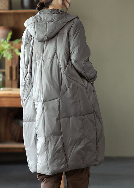 Street Grey Hooded Zippered Pockets Thick Winter Down Coats