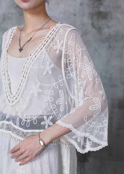 White Embroidered Patchwork Tulle Dresses Summer