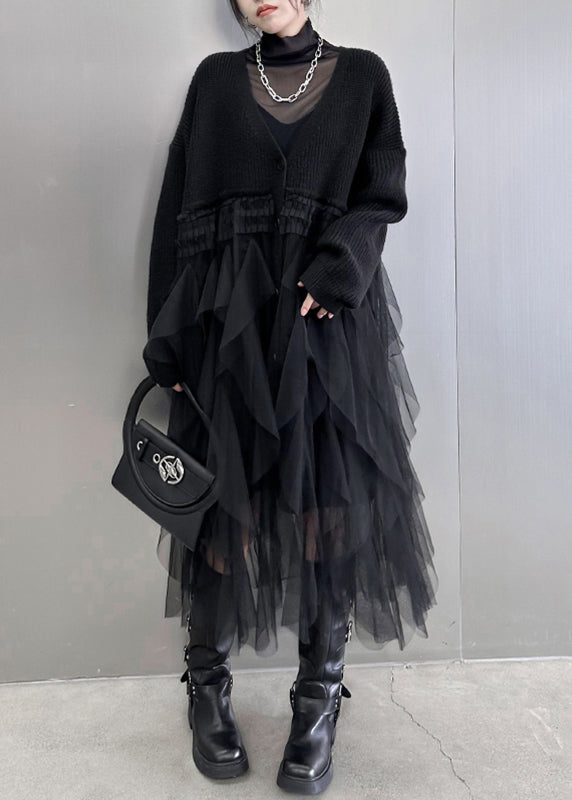 Black Tulle Patchwork Cotton Knit Maxi Sweater Dress Batwing Sleeve