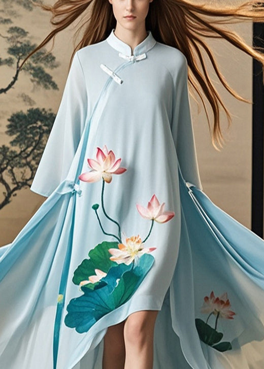 Sky Blue Asymmetrical Lotus Print Chiffon Oriental Dress Fall