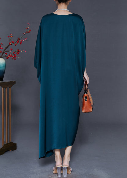 Peacock Blue Oversized Silk Party Dress Batwing Sleeve