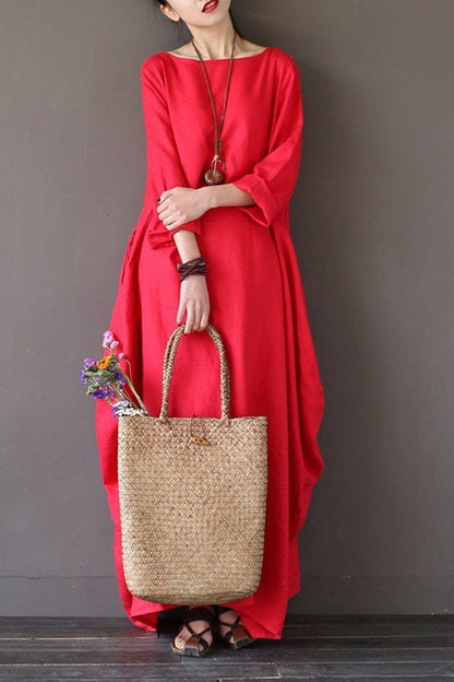 Red Bat Sleeve Causel Long Dress Oversize Outfits