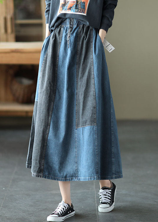 Light Blue Pocket Patchwork a Line Skirt Spring