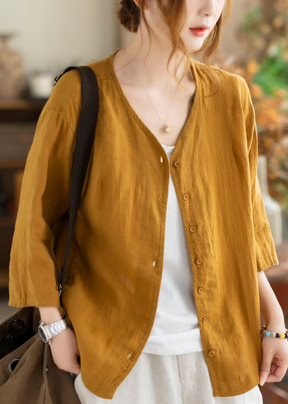 Yellow V Neck Button Linen Cardigans Summer