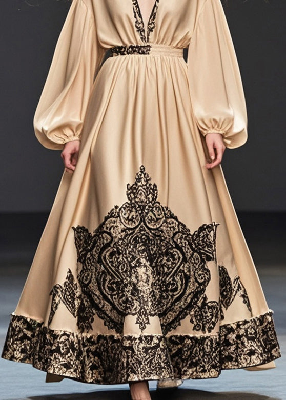 Khaki Deep-v Neck Print Silk Party Dress Fall