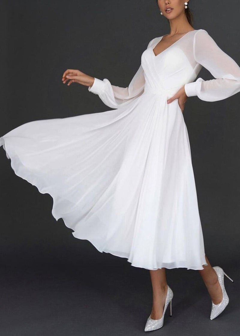 Boutique White V Neck Wrinkled Chiffon Dress Summer