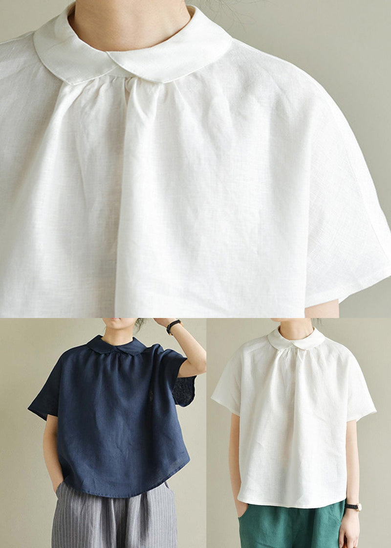 Simple White Peter Pan Collar Linen Shirt Summer