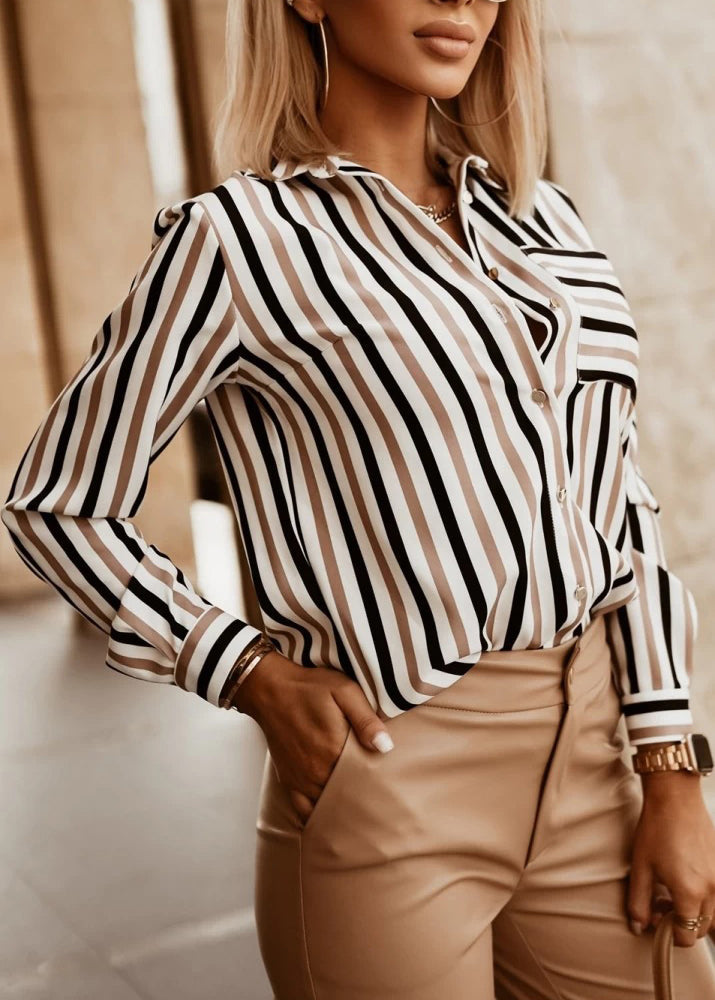 Organic Khaki Peter Pan Collar Striped Cotton Blouses Spring
