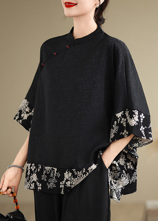 Black Mandarin Collar Patchwork Silk Shirt Summer