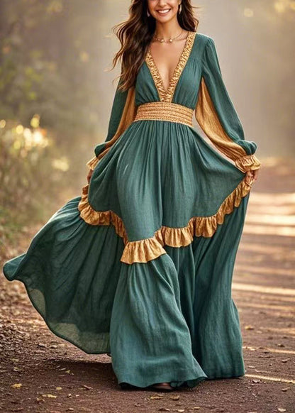 Green Ruffles Patchwork Exra Large Hem Cotton Party Dress Spring