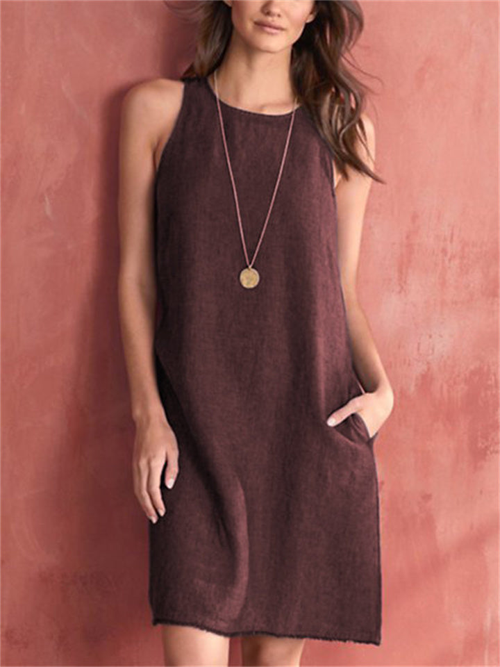 Color Sleeveless Cotton Linen Round Neck Loose Waist Pocket Tassel Undershirt Urban Style A-line Dress
