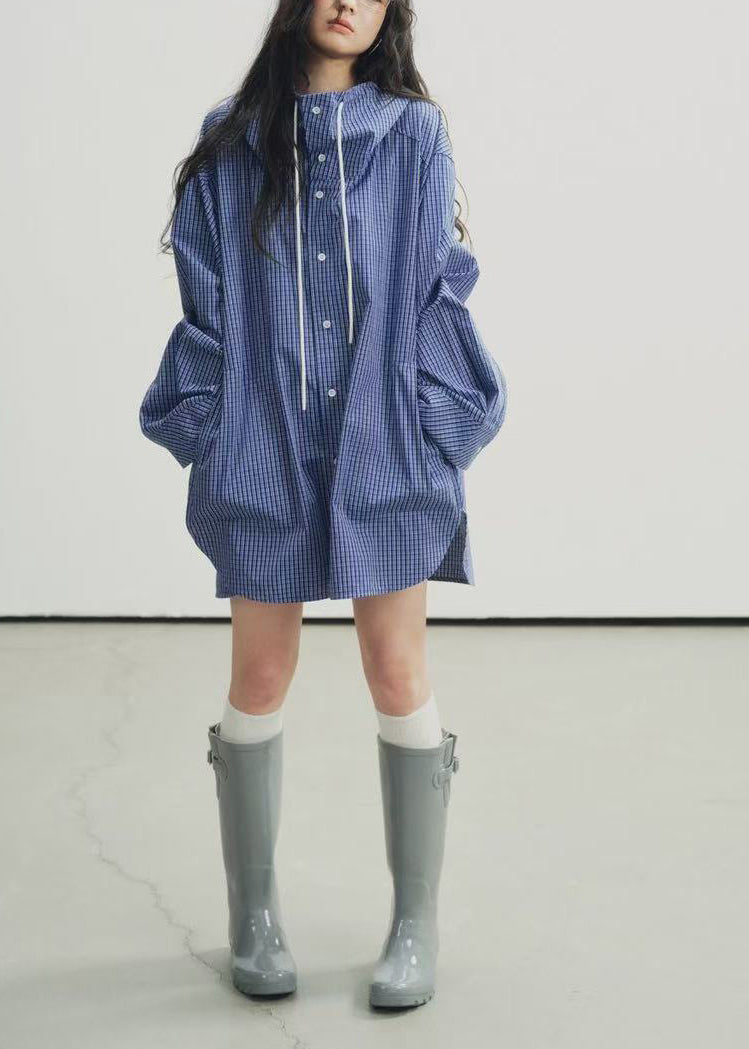 Blue Hooded Plaid Cotton Trench Fall