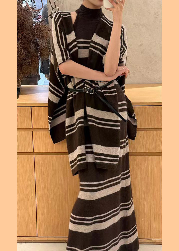 Brown Striped Cardigans and Sweater Dress Knit Two Pieces Set Fall