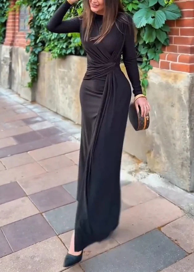 Black O Neck Slim Fit Cotton Maxi Dresses Fall