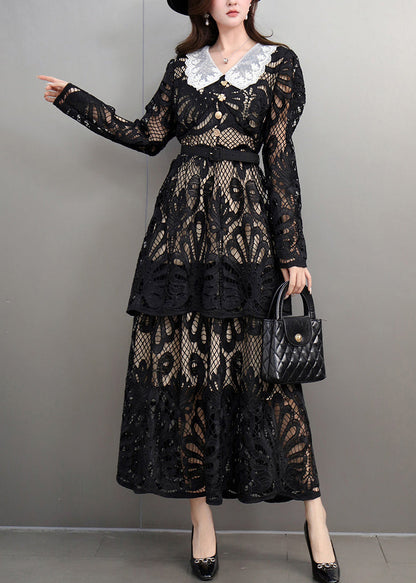 Black Peter Pan Collar Lace Long Dress Spring