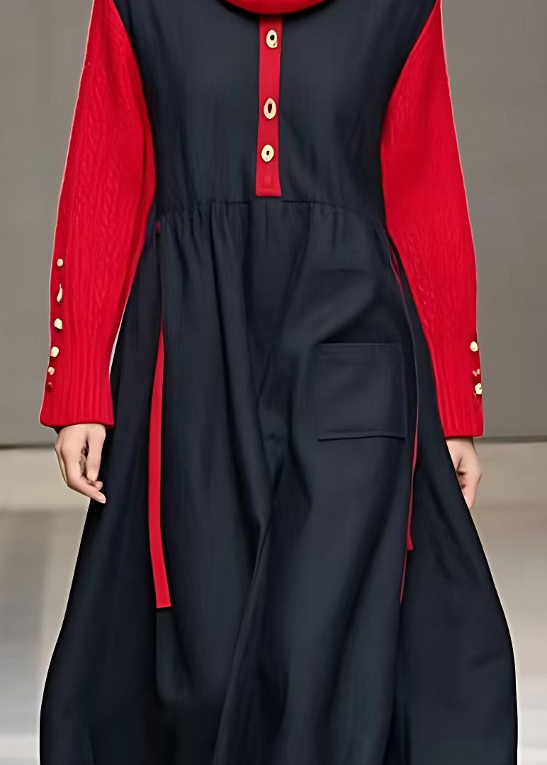 Black Turtleneck Patchwork Maxi Dresses Long Sleeve