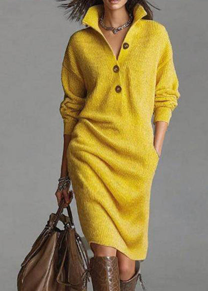Yellow Peter Pan Collar Pockets Cotton Knit Sweater Dress Spring