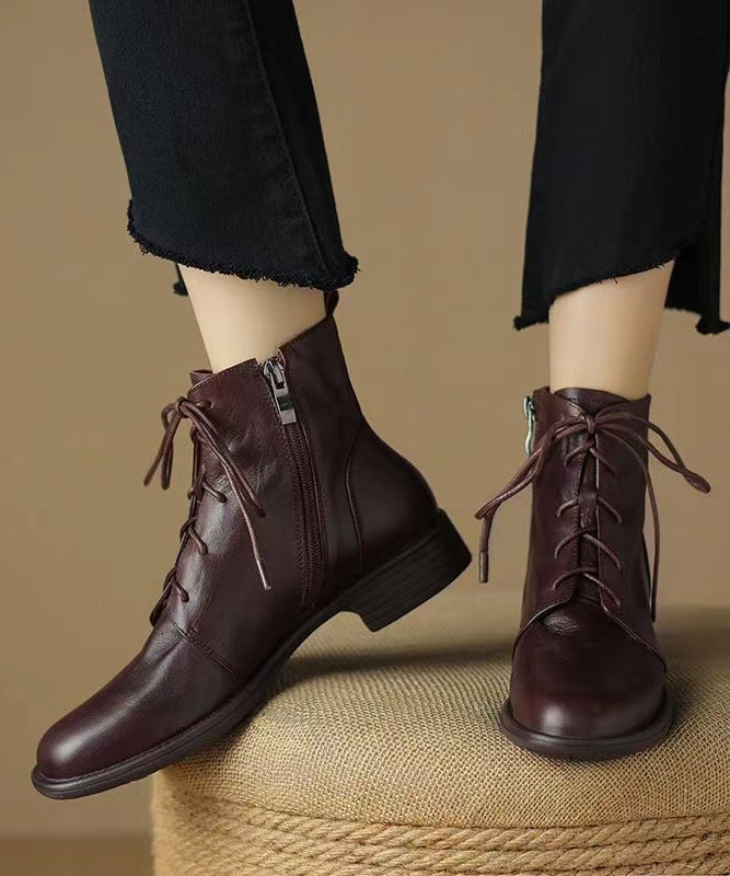 Brown Boots Chunky Cowhide Leather Splicing Cross Strap