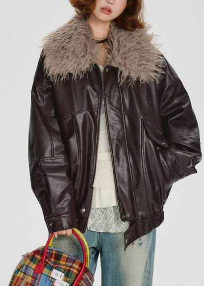 Chocolate Faux Fur Collar Oversized Faux Leather Jackets Winter