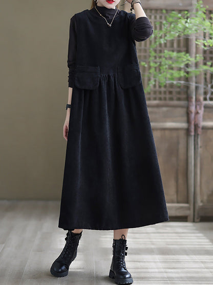 - Corduroy Pocket Sleeveless Pinafore Dress