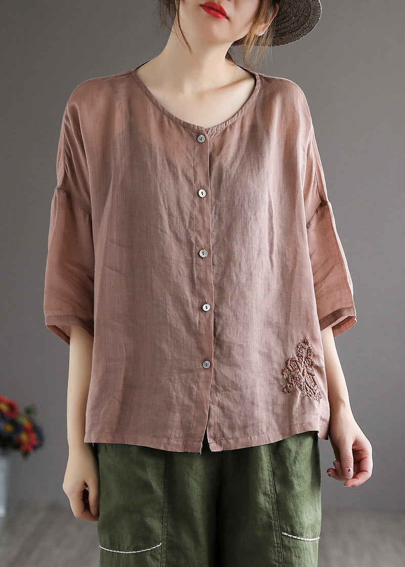 Classy Coffee O-neck Embroidered Button Linen Shirt Half Sleeve