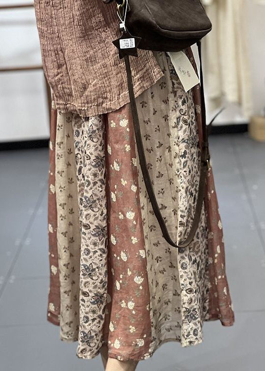 Diy Green Print Wrinkled Elastic Waist Linen Skirt Spring