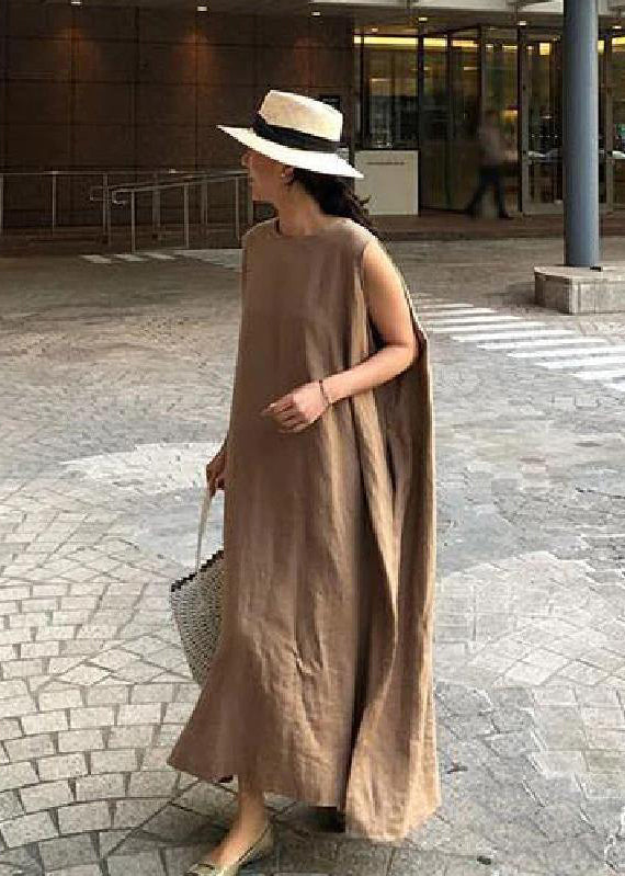 O Neck Side Open Linen Cotton Clothes Fabrics Khaki Dress
