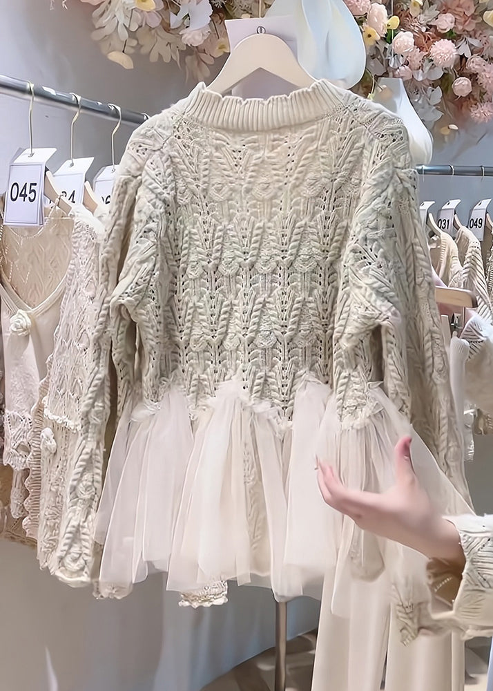 Beige Flower Tulle Patchwork Knit Cardigan Two Piece Set Spring