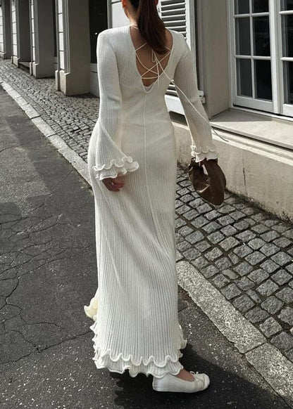 White Ruffled Lace Up Cotton Robe Dresses Flare Sleeve