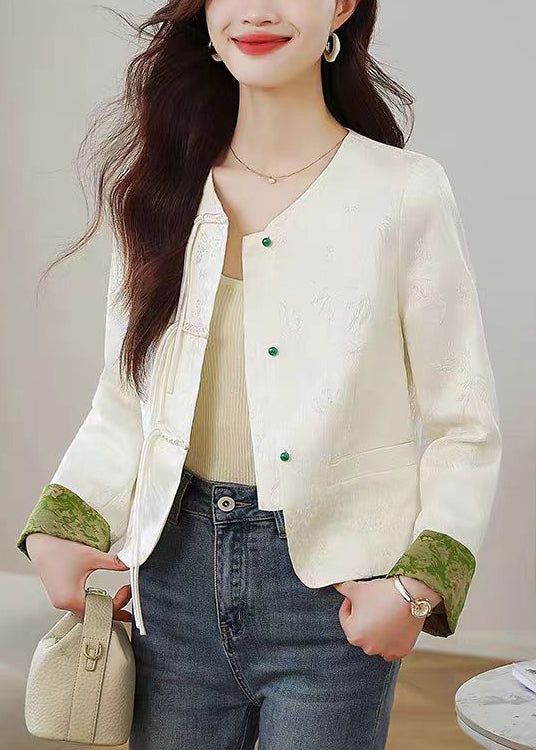 Beige O Neck Print Button Silk Coats Fall