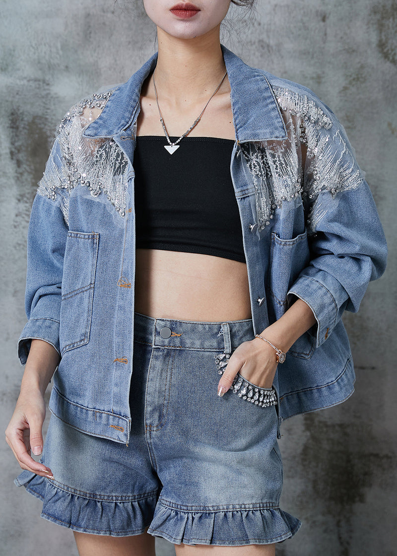 Blue Hollow Out Pockets Denim Coats Spring