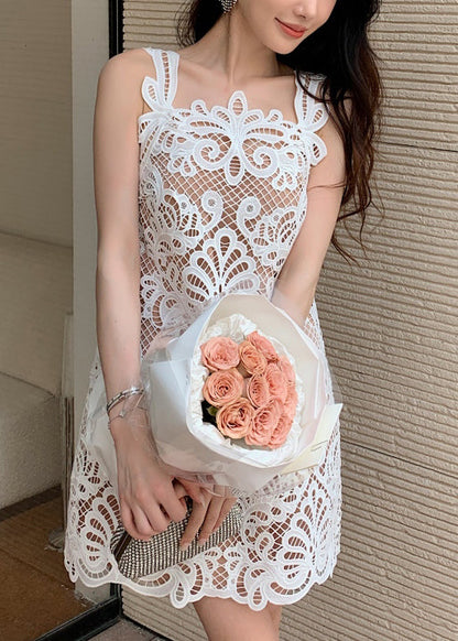 Original White Hollow Out Lace Mid Dress Sleeveless