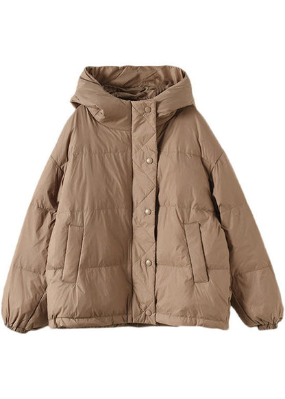 Khaki Hooded Zippered Pockets Loose Winter Down Coat