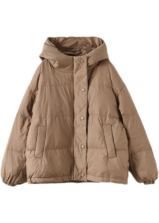 Khaki Hooded Zippered Pockets Loose Winter Down Coat