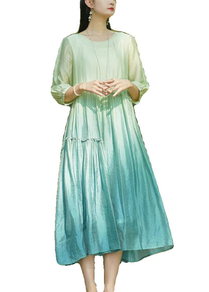 Gradient Color O-neck Ruffled Cotton Long Dresses Bracelet Sleeve