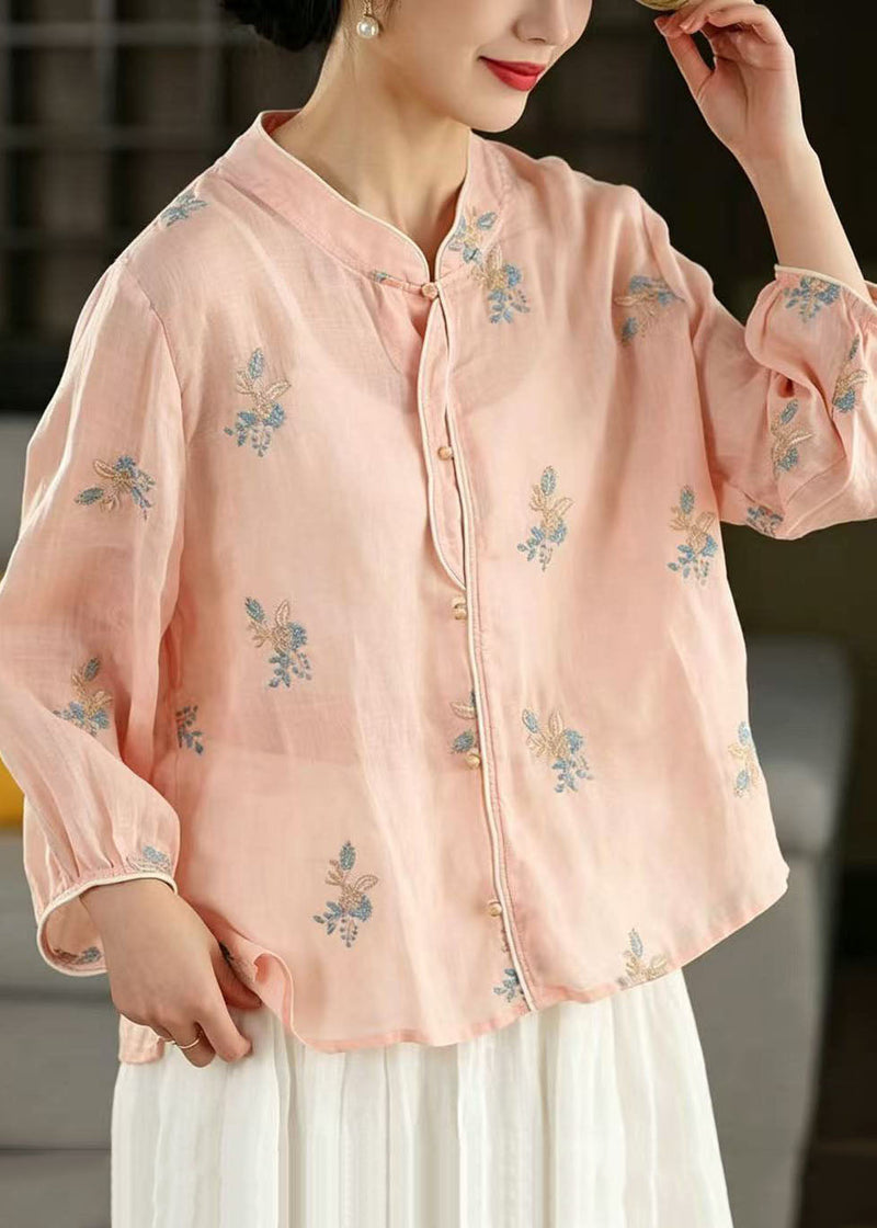 Pink Embroidered Oversized Linen Shirt Spring