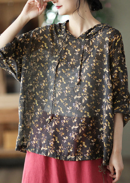 Black Peter Pan Collar Print Linen Hooded Shirt Long Sleeve