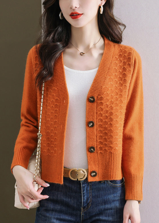 Orange V Neck Button Wool Knit Cardigan Winter