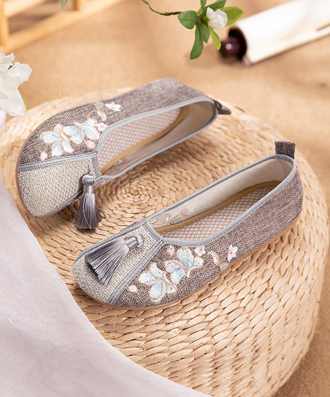 White Tassel Embroidery Linen Fabric Flat Feet Shoes