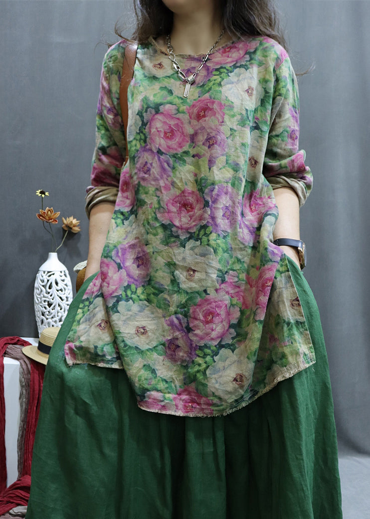 Pink Low High Design Linen Shirt O-neck Long Sleeve