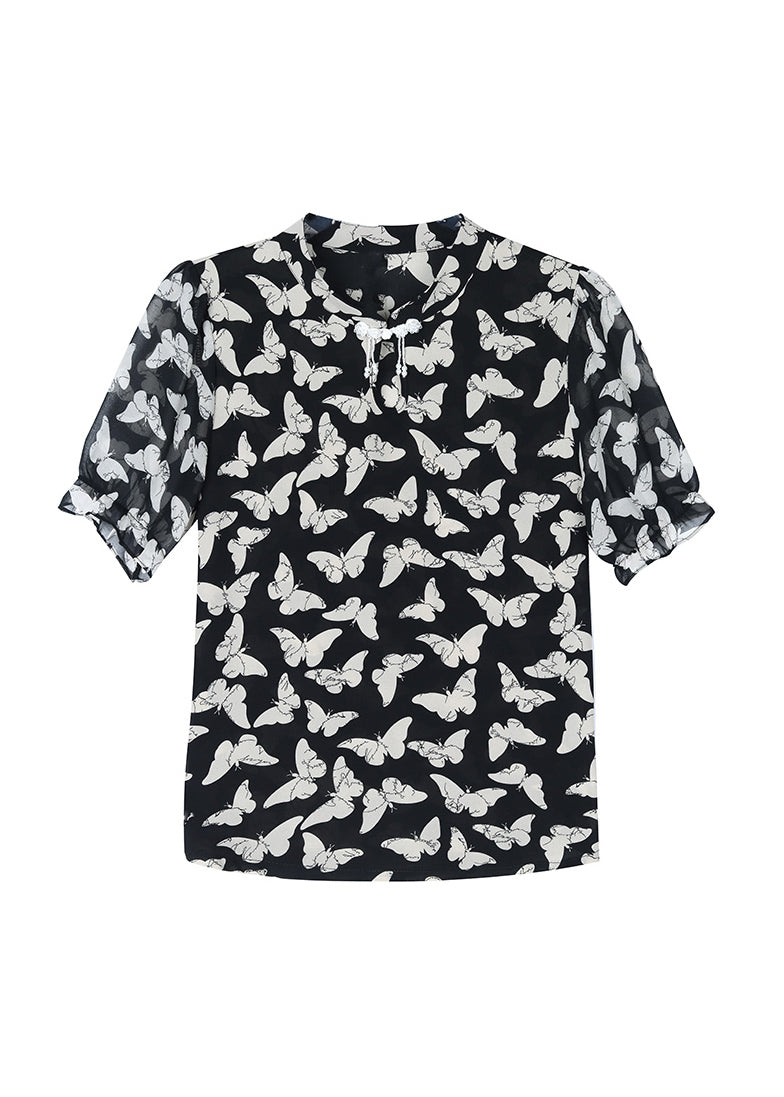 Black Stand Collar Print Chiffon Shirts Summer