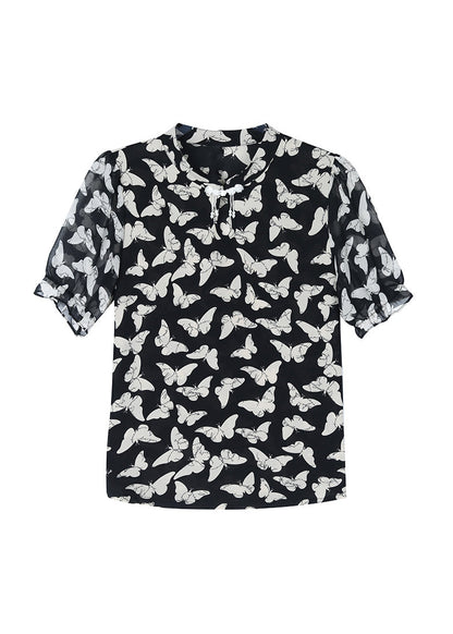 Black Stand Collar Print Chiffon Shirts Summer