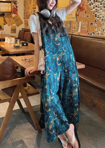 Loose Blue Print High Waist Cotton Jumpsuits Pants Summer