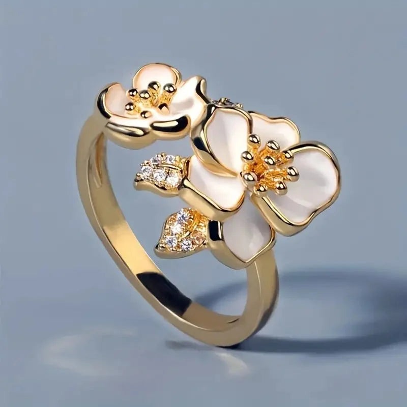 White Enamel Flower Gold Ring
