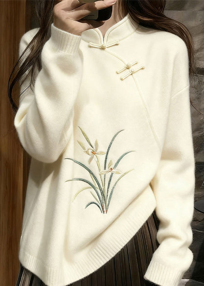 White Stand Collar Button Orchid Knit Sweaters Winter
